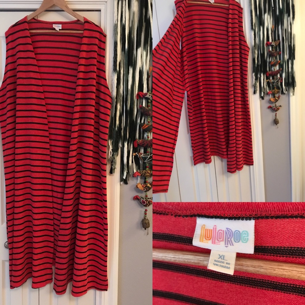 Red black striped Lularoe Joy duster cardigan XL